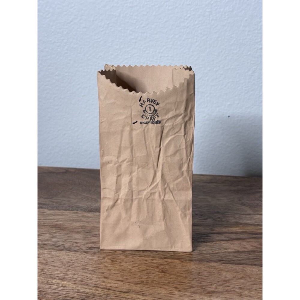 VTG Michael Harvey Craft #1 6" Paper Bag Ceramic Vase Avant Garde Pop Art